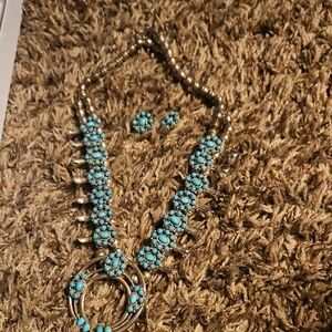 Blue and Silver Squash Blossom Necklace with Crescent Pendant